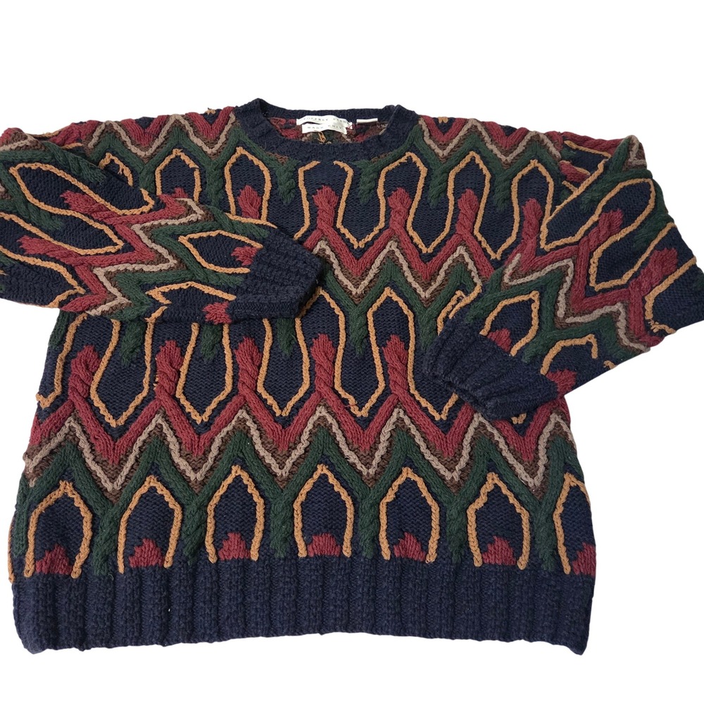 VTG Geoffrey Beene COOGI STYLE Sweater Men L Blue MultiColor Hand Knit Geometric